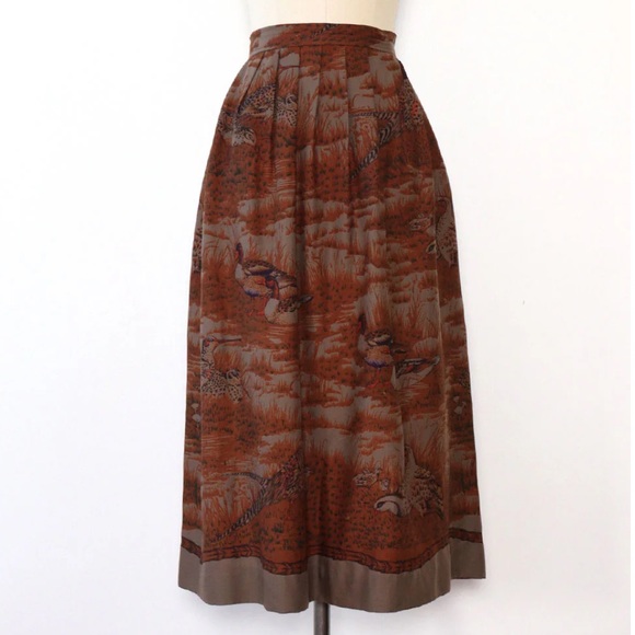 Vintage 80’s J.G. Hook silk/wool quail pheasant nature midi long skirt EVC XS - Picture 1 of 13